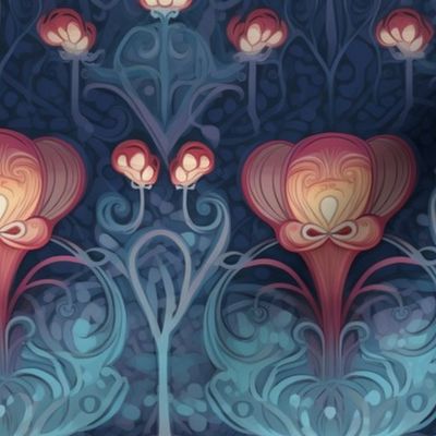 art nouveau abstract valentine in aqua blue and red orange