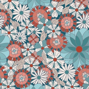 Shrimpton Retro flowers, teal and red, 