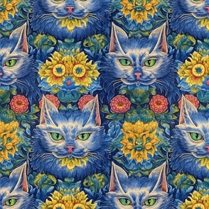 blue cats and sunflower eyes inspired by Louis Wain