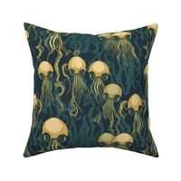 teal green and yellow gold gothic skull jellyfish