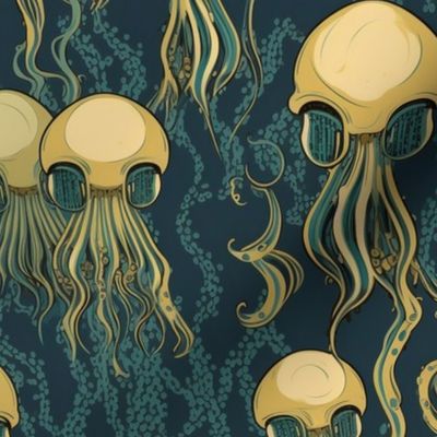 teal green and yellow gold gothic skull jellyfish