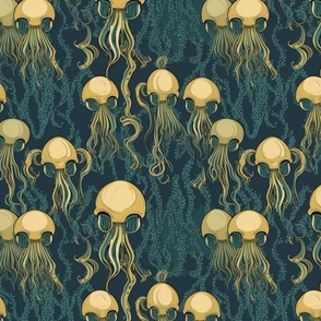 teal green and yellow gold gothic skull jellyfish