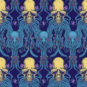 psychedelic skull jellyfish in gold and blue purple
