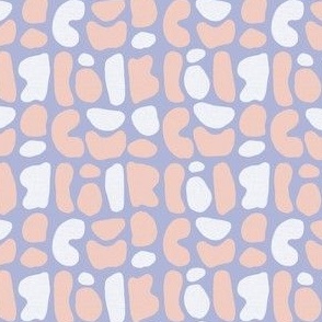Abstract pattern block print style, white, coral objects on purple background , small size