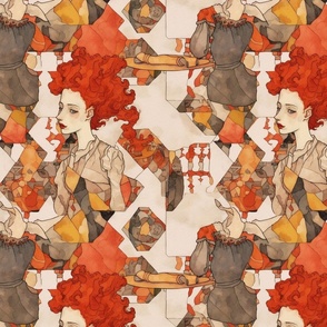 egon schiele inspired portrait of a victorian lady of geometric fashion