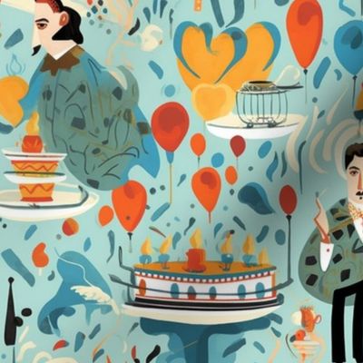 surreal birthday party with balloons and cake