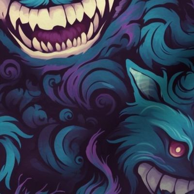 gothic monster fanged cheshire cat in blue and purple