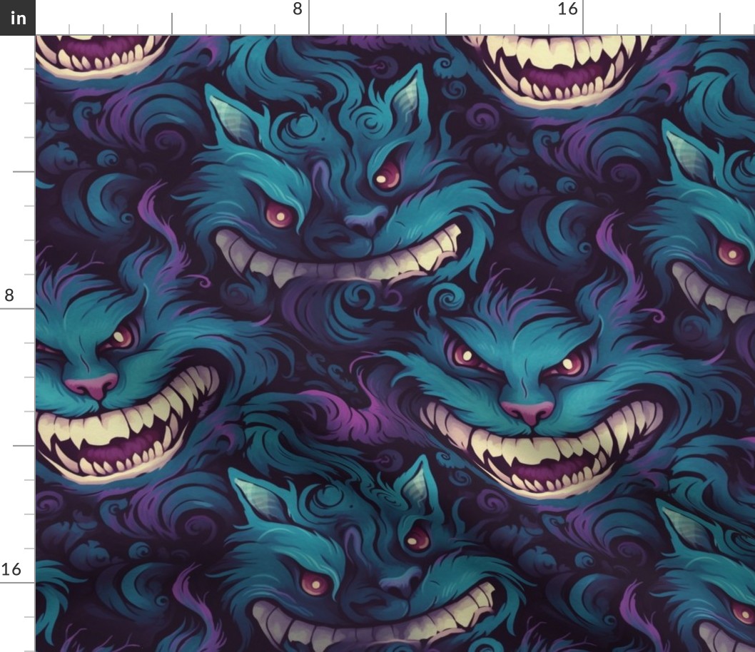 gothic monster fanged cheshire cat in blue and purple