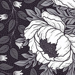Art Nouveau white and grey peony on black textured background L scale