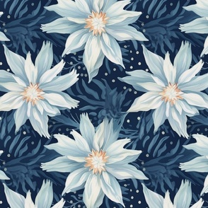surreal snowflake flowers  in white and blue