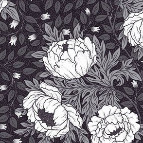 Art Nouveau white and grey peony on black textured background M scale
