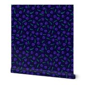 L Purple cherries with leaves on dark background  0037 B Non-Directional leaf cherry dots violet  green navy