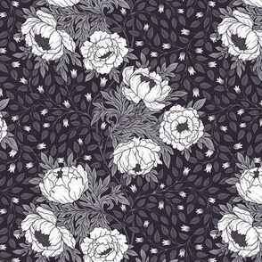 Art Nouveau white and grey peony on black textured background S scale