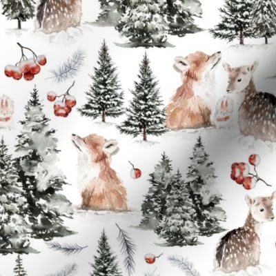 10" Adorable Hand Painted Vintage Woodland baby animals Watercolor Holidays, in snowy forest