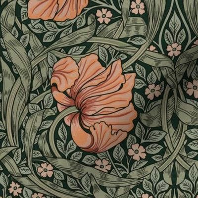 Pimpernel - MEDIUM - historical reconstructed damask wallpaper by William Morris -  black sage antiqued restored reconstruction  art nouveau art deco background -  ArtsandCraftsMovementSF - Lineneffect  sage/orange