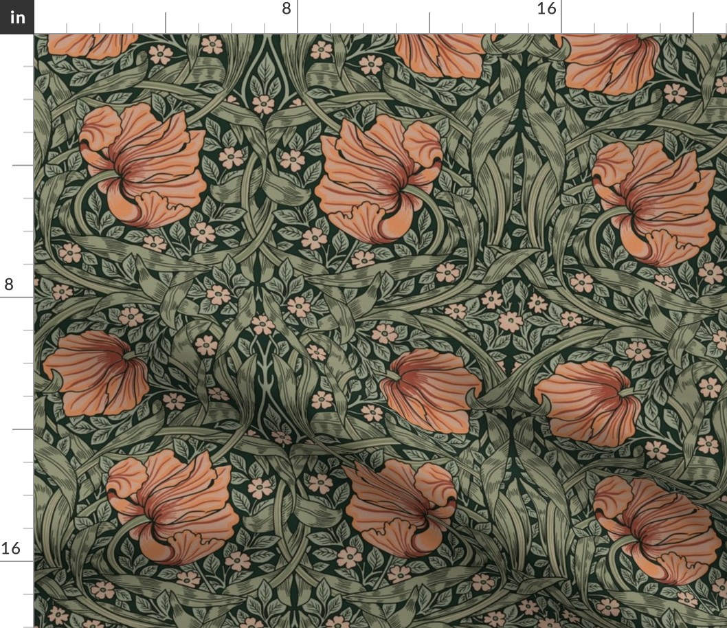 Pimpernel - MEDIUM - historical reconstructed damask wallpaper by William Morris -  black sage antiqued restored reconstruction  art nouveau art deco background -  ArtsandCraftsMovementSF - Lineneffect  sage/orange