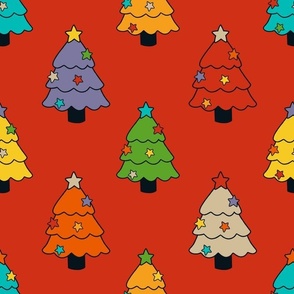 Large Scale Colorful Christmas Trees on Red