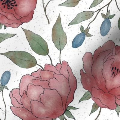(L) Vintage floral - red peony garden- textured white background L scale