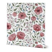 (L) Vintage floral - red peony garden- textured white background L scale