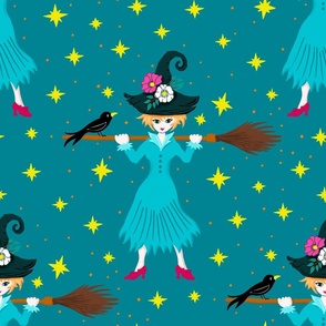 young witch with broom on teal | large