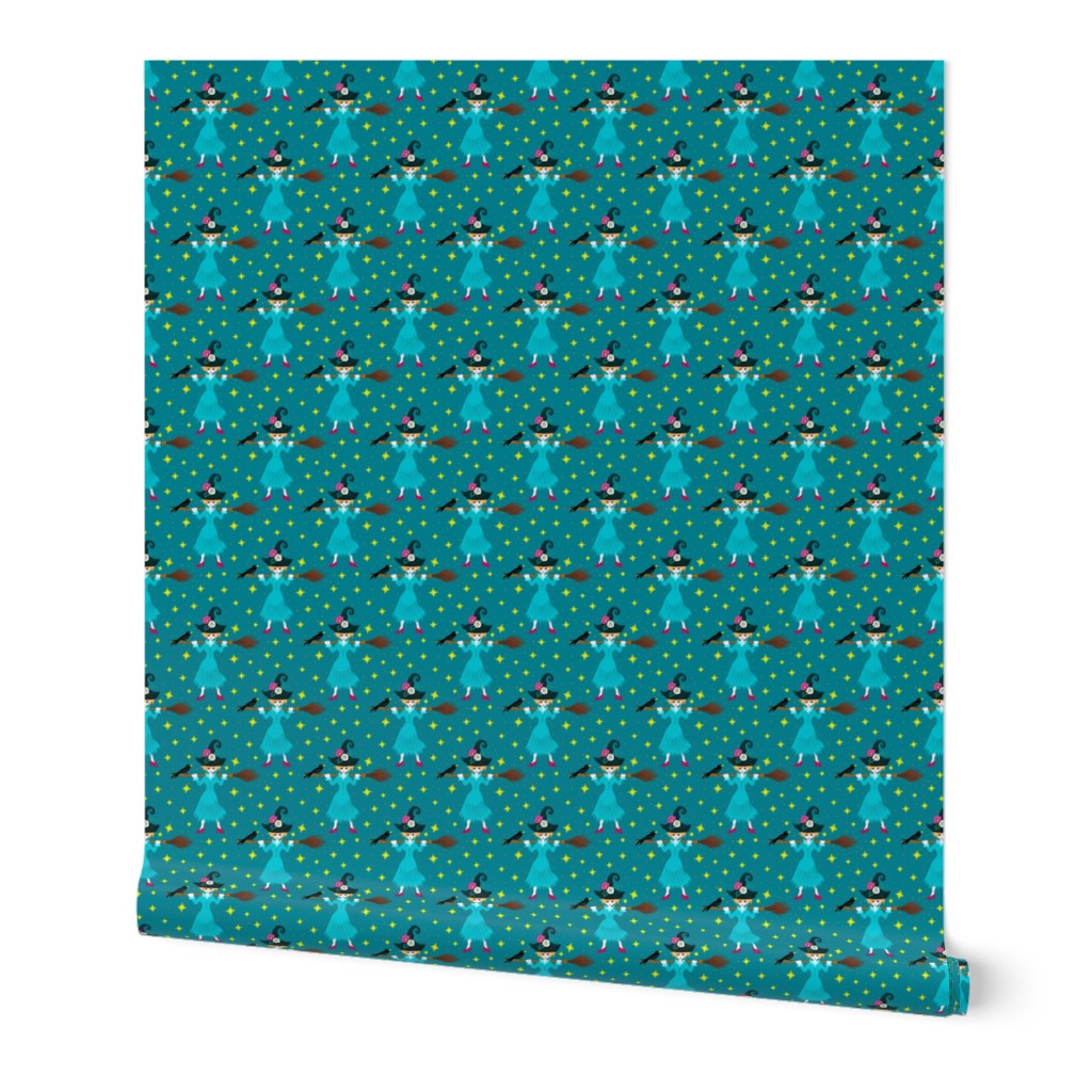 young witch with broom on teal | small