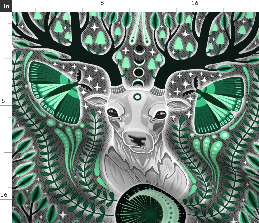 BIG  Magic whimsigothic deer spirit  0020 F  whismical moths glow antlers leaves plants butterfly forest   monochromatic mushrooms night moon stars green emerald forestgreen neon 