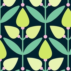 Multicolored Tulip Motif // normal scale 0036 B // Flowers leaves Retro Aesthetic Harmony fabric wallpaper Style of the '60s, '70s, and '80s multicolor colorful juicy rose pink dots  green apple green green-green   