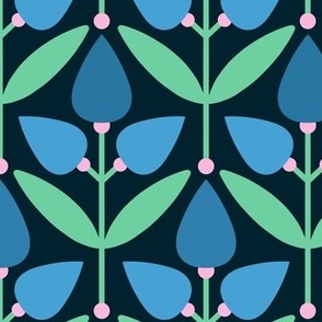 Multicolored Tulip Motif // normal scale 0036 C // Flowers Leaves Retro Aesthetic Harmony fabric wallpaper Style of the '60s, '70s, and '80s multicolor colorful juicy rose pink dots blue navy green blue-blue