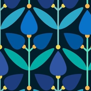 Multicolored Tulip Motif // normal scale 0036 A // Flowers Leaves Retro Aesthetic Harmony fabric wallpaper Style of the '60s, '70s, and '80s multicolor colorful juicy orange  dots blue navy green lightblue light-blue