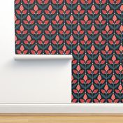 Multicolored Tulip Motif // normal scale 0036 E // Flowers Leaves Retro Aesthetic Harmony fabric wallpaper Style of the '60s, '70s, and '80s multicolor colorful red red-red light-red green dullgreen white dots