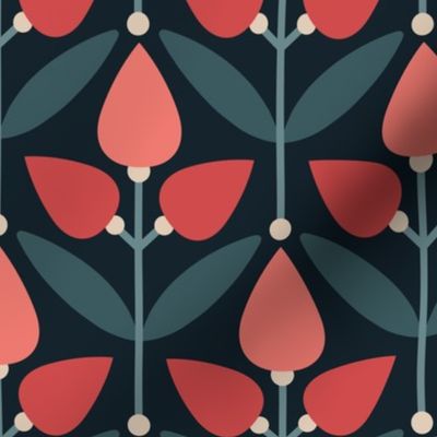 Multicolored Tulip Motif // normal scale 0036 E // Flowers Leaves Retro Aesthetic Harmony fabric wallpaper Style of the '60s, '70s, and '80s multicolor colorful red red-red light-red green dullgreen white dots