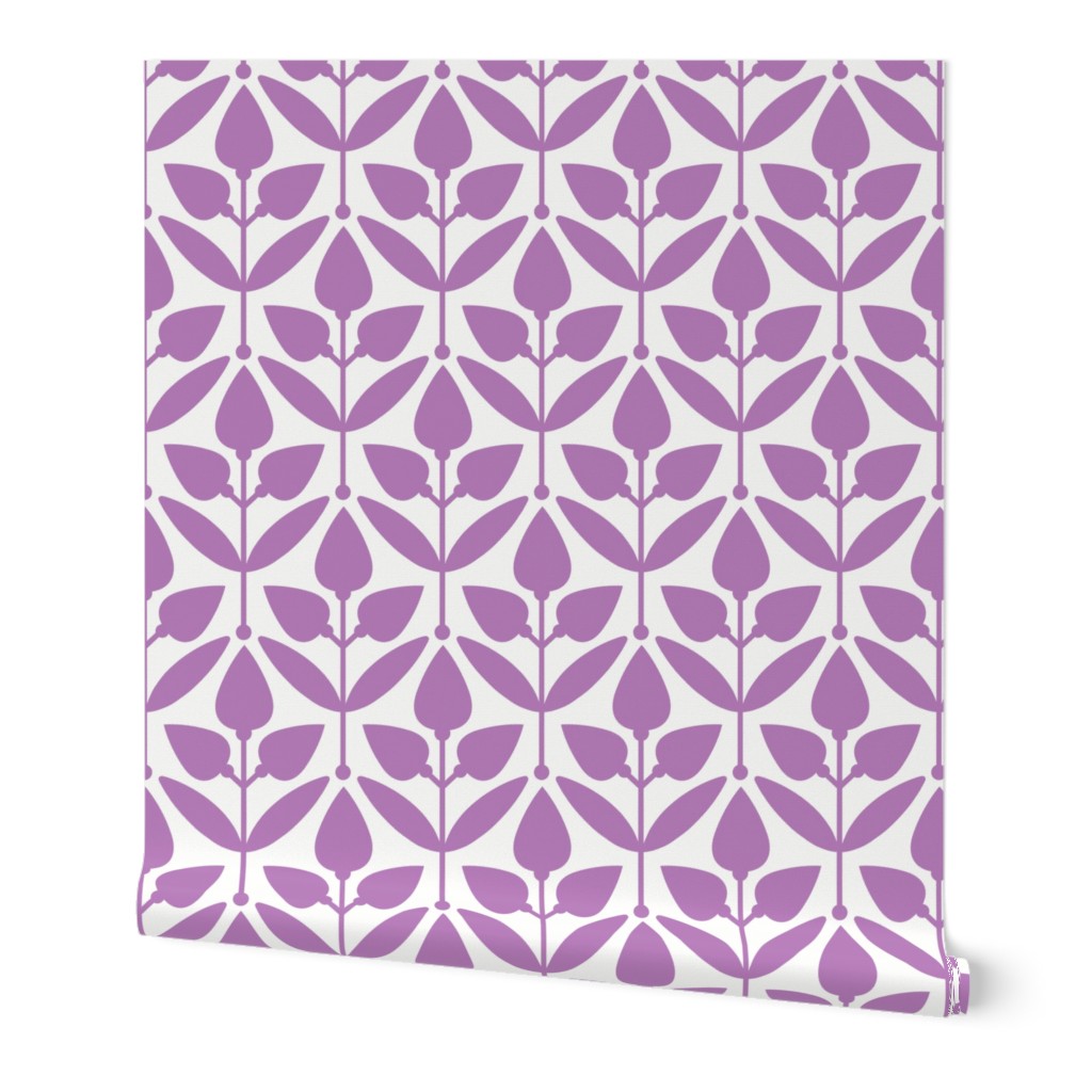 Two-Tone Tulip Motif // normal scale 0035 C // Flowers Leaves Retro Aesthetic Harmony fabric wallpaper Style of the '60s, '70s, and '80s  white pink violet purple white-pink pink-white purple-white white-purple