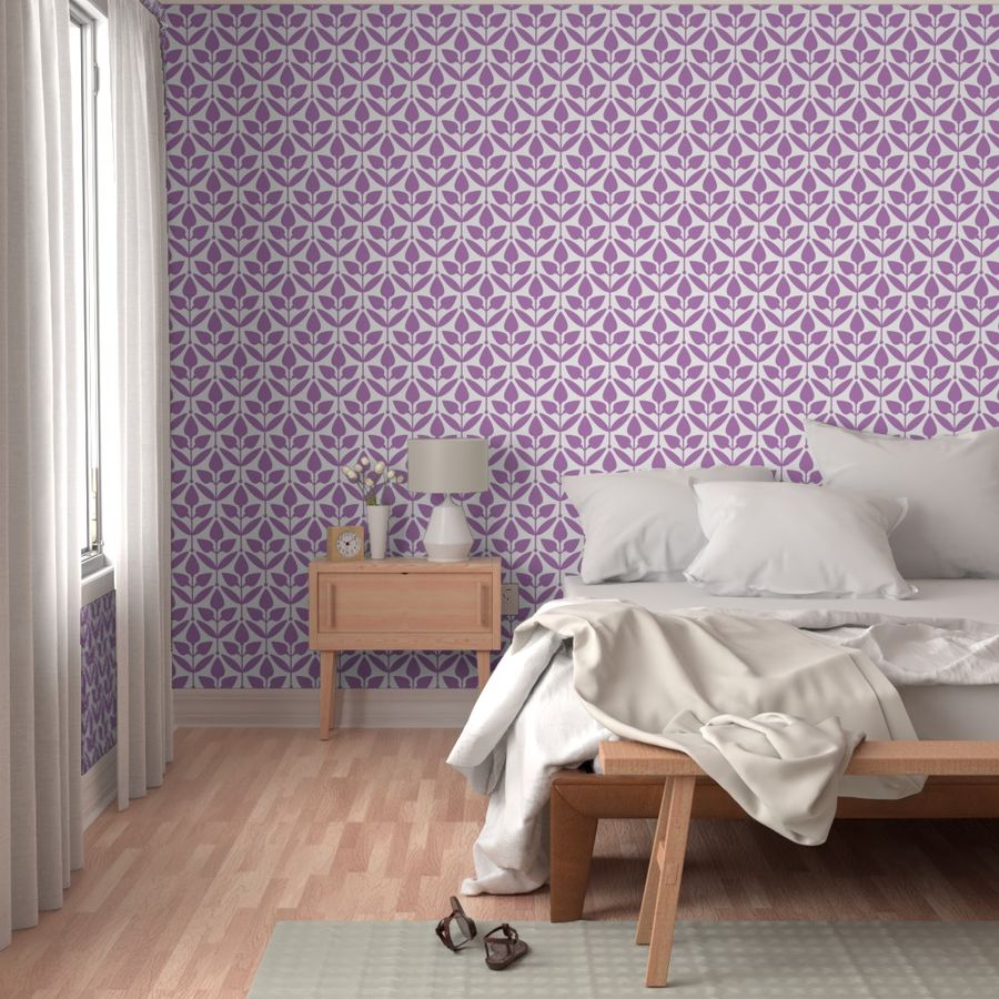 Two-Tone Tulip Motif // normal scale 0035 C // Flowers Leaves Retro Aesthetic Harmony fabric wallpaper Style of the '60s, '70s, and '80s  white pink violet purple white-pink pink-white purple-white white-purple