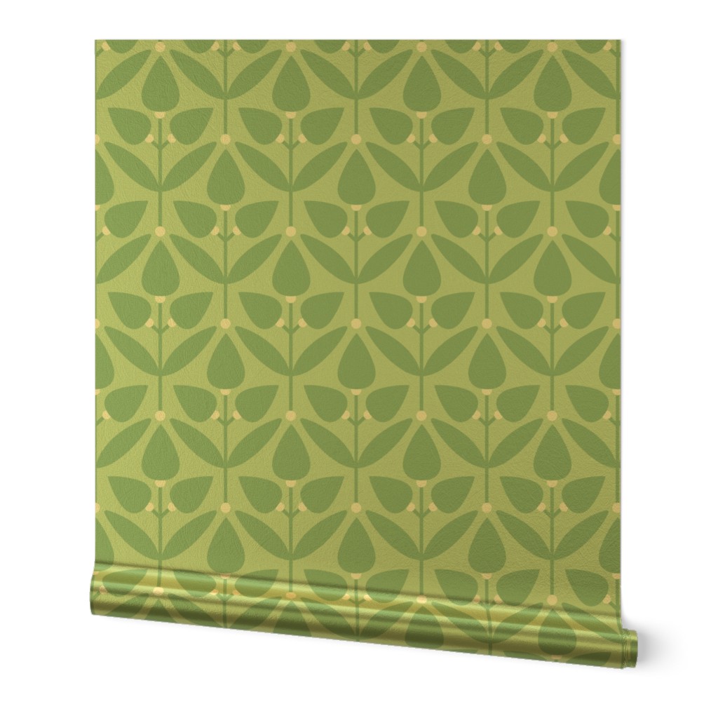 Two-Tone Tulip Motif // normal scale 0035 E // Flowers Leaves Retro Aesthetic Harmony fabric wallpaper Style of the '60s, '70s, and '80s  green green-green celadon