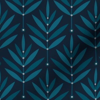 Retro Leaves // normal scale 0038 B // Art Deco and Art Nouveau Inspired Symmetrical Aesthetic Surface Pattern from the '70s and '80s leaf dot dots accent contrast  navy blue ombre white teal turquoise