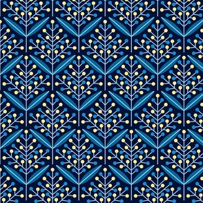 Folklore retro flowers with leaves teal white navy blue babyblue skyblue yellow // normal scale 0039 A // '70 leaf dotted harmony Art Deco Art Nouveau symmetry aesthetic