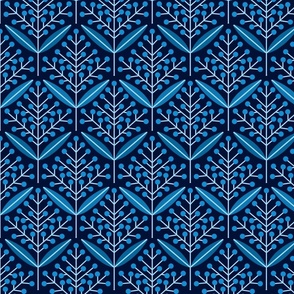 Folklore retro flowers with leaves teal white navy blue babyblue skyblue // normal scale 0039 B // '70 leaf dotted harmony Art Deco Art Nouveau symmetry aesthetic