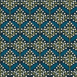 Folklore retro flowers with leaves teal white navy black teal yellow // normal scale 0039 C // '70 leaf dotted harmony Art Deco Art Nouveau symmetry aesthetic