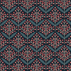 Folklore retro flowers with leaves red pink black greige teal // normal scale 0039 D // '70 leaf dotted harmony Art Deco Art Nouveau symmetry aesthetic