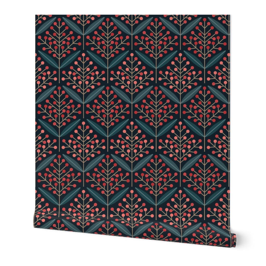 Folklore retro flowers with leaves red black greige teal // normal scale 0039 E // '70 leaf dotted harmony Art Deco Art Nouveau symmetry aesthetic