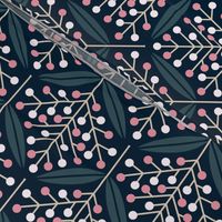 Folklore retro flowers with leaves pink gray white navy // normal scale 0039 F // '70 leaf dotted harmony Art Deco Art Nouveau symmetry aesthetic