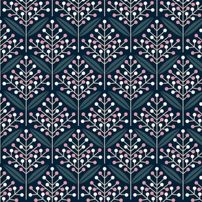 Folklore retro flowers with leaves pink gray white navy // normal scale 0039 F // '70 leaf dotted harmony Art Deco Art Nouveau symmetry aesthetic