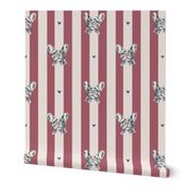 French Bulldog in black and gray on mauvewood pink striped background