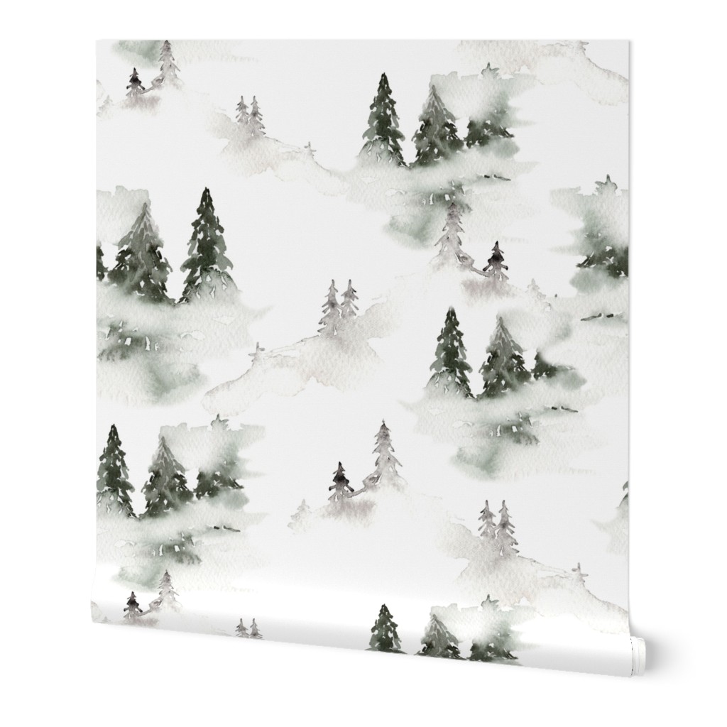 10" Snowy watercolor misty winter landscape with mountains and trees covered with snow - for Nursery