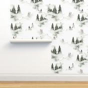 10" Snowy watercolor misty winter landscape with mountains and trees covered with snow - for Nursery
