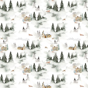 10" Snowy winter landscape with magical vintage houses and watercolor   animals like deer,fox, birds and trees covered with snow - for Nursery