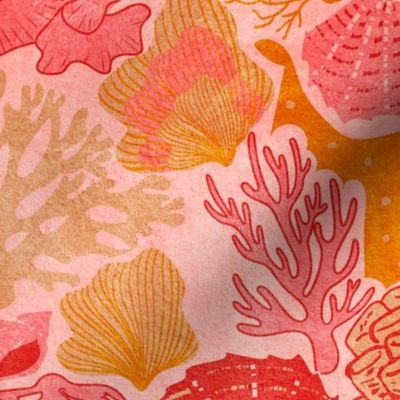 Shell Reef- Seashells on the ocean floor- Coral Red shells in Orange Pink Coral Reef on Pink- Large Scale 