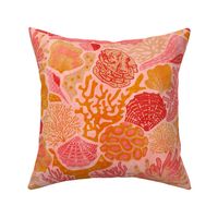 Shell Reef- Seashells on the ocean floor- Coral Red shells in Orange Pink Coral Reef on Pink- Large Scale 