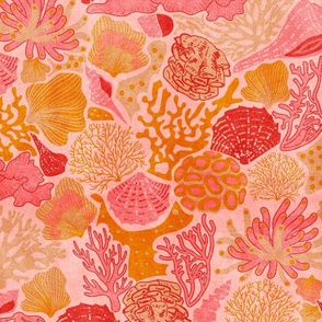Shell Reef- Seashells on the ocean floor- Coral Red shells in Orange Pink Coral Reef on Pink- Large Scale 