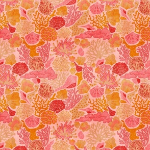 Shell Reef- Seashells on the ocean floor- Coral Red shells in Orange Pink Coral Reef on Pink- Regular Scale 
